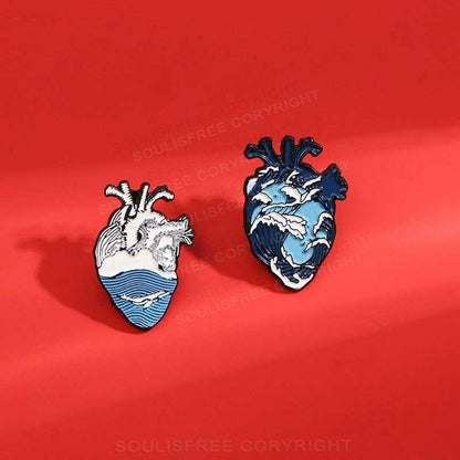 Whale Wave Heart Art  Pins